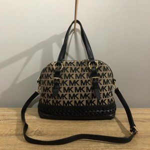 Michael Kors Gladstone signature Black Beige Leather Fabric LG Satchel Bag Purse